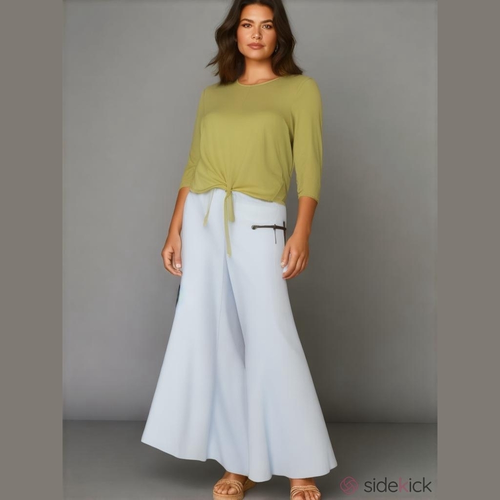 🫒 Talbots Green Yellow Tie Front Blouse L Cotton Modal All Season